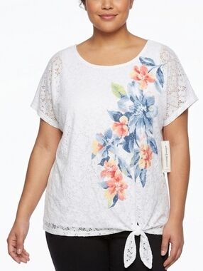 NWT Alfred Dunner Floral Lace Tie-Hem Short Sleeve Top